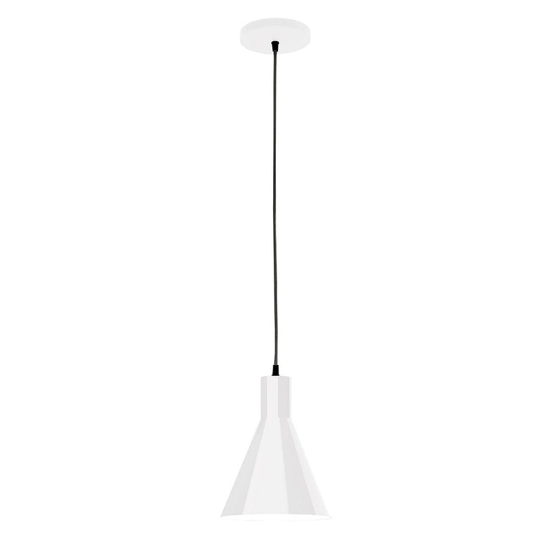 White 8-inch LED pendant lamp with conical shade and hanging cord