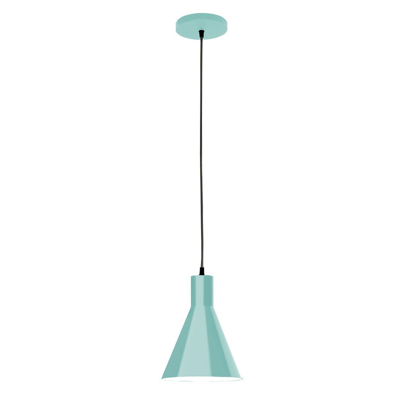 Sea green LED pendant light with flared shade and round ceiling canopy