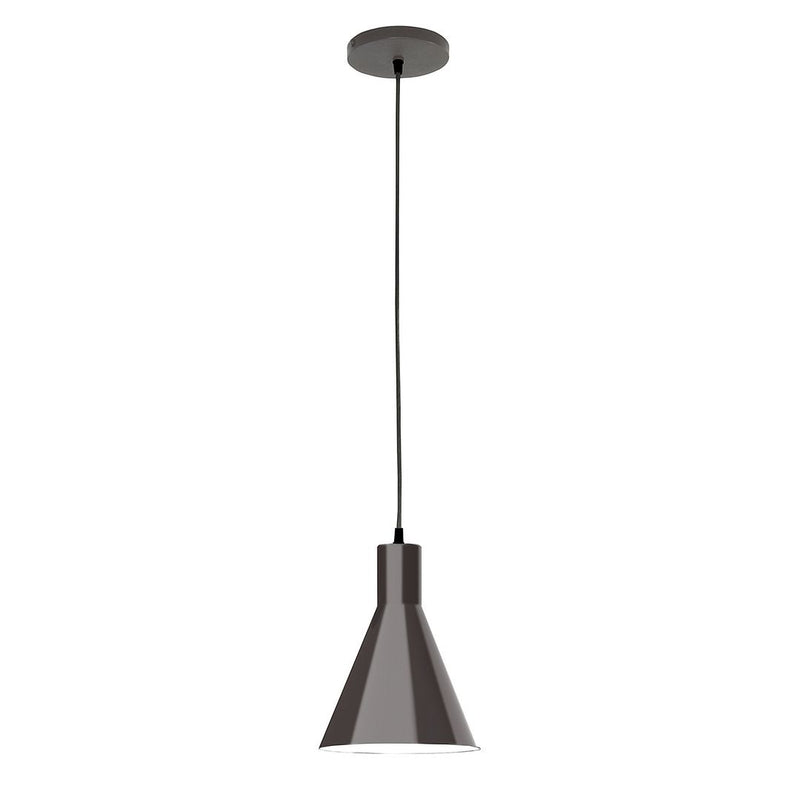 Architectural bronze LED pendant with conical shade and round canopy.