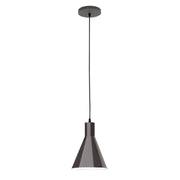 Architectural bronze pendant light with tapered bell shade and round ceiling canopy