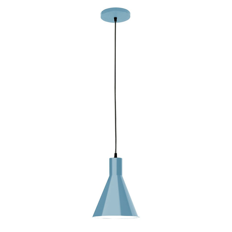 Light blue cone pendant light with black cord and round canopy.