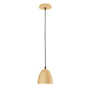 Ivory dome LED pendant light with black cord and round ceiling canopy