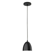 Black 6" pendant light with domed shade, black cord, and round ceiling canopy
