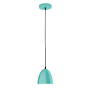 LED pendant light with sea green dome shade, round ceiling canopy, and black cord.