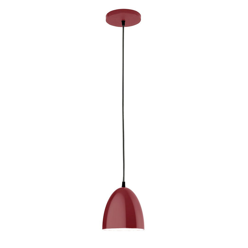 Barn red 6-inch LED pendant with rounded dome shade, black cord and ceiling canopy
