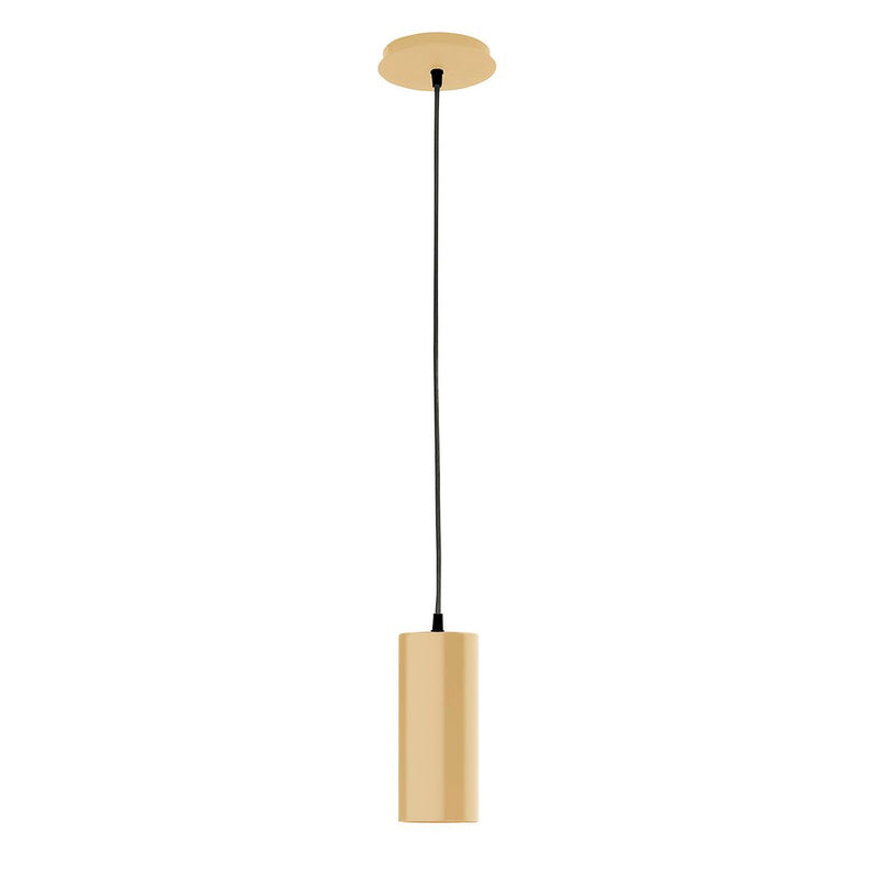 Ivory cylinder pendant light with black cord and ceiling canopy