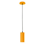 Bright yellow LED pendant with cylindrical shade and round ceiling canopy on cord