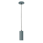 Slate gray cylindrical pendant light with black cord and round ceiling canopy