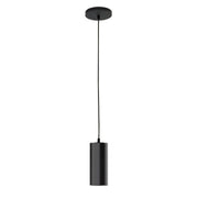 Black LED pendant light with cylindrical shade and round ceiling canopy