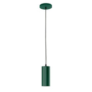 Forest green LED pendant light with cylindrical shade and round ceiling canopy