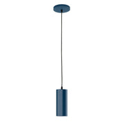 Navy LED pendant with round canopy and short cylinder shade on long cord