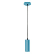 Light blue pendant with square shade, black cord, and round ceiling canopy