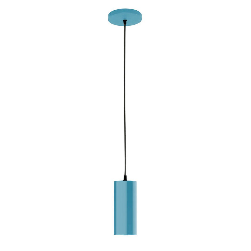 Light blue pendant with square shade, black cord, and round ceiling canopy