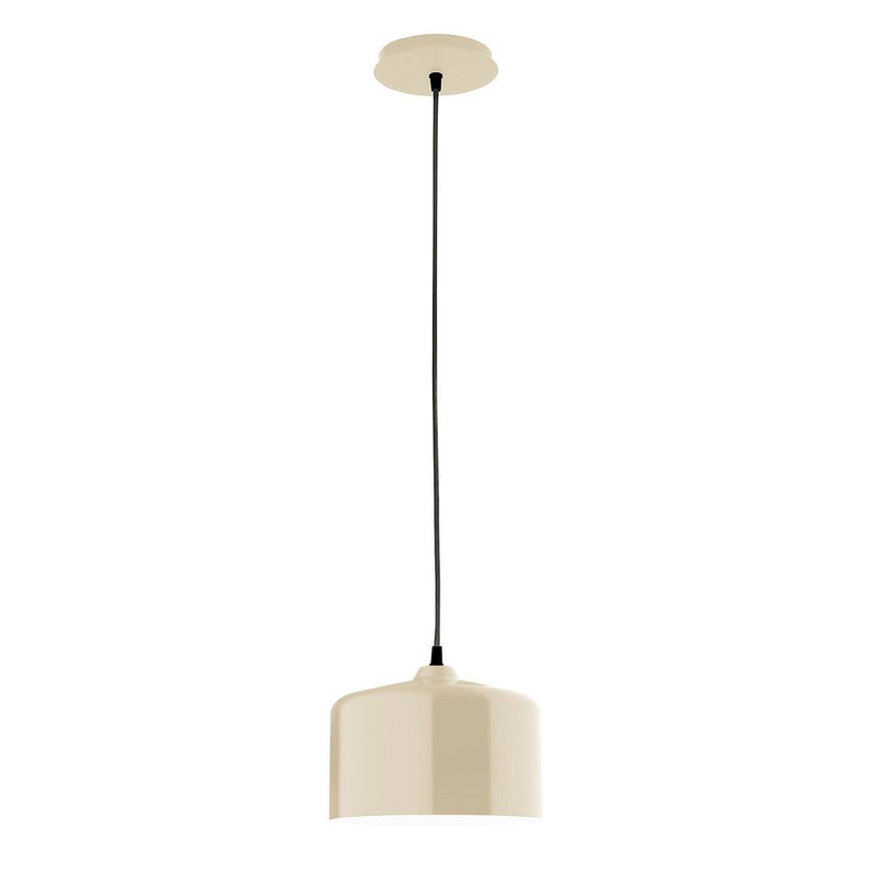 Cream pendant lamp with cylindrical shade, black cord, and round ceiling canopy.