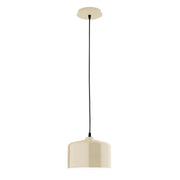 Cream LED pendant with cylindrical shade and black stem, 8.5 in