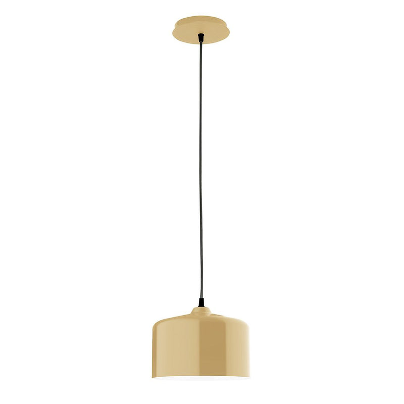 Ivory glass pendant light with cylindrical shade, gold canopy and black cord