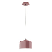 Mauve pendant lamp with fabric shade, black cord, and round ceiling canopy