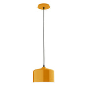 Bright yellow pendant light with cylindrical shade, black cord, round ceiling canopy