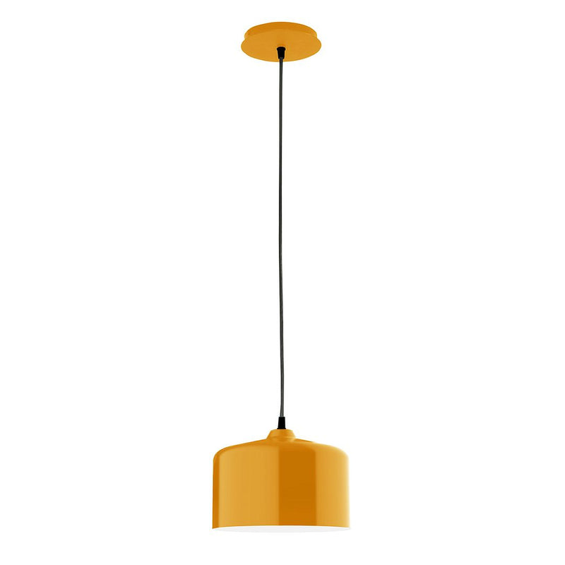 Bright yellow pendant light with cylindrical shade and round ceiling canopy