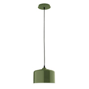 Fern green LED pendant with drum shade and white bottom diffuser, round ceiling canopy.