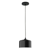 Black pendant light with cylindrical shade and round ceiling canopy
