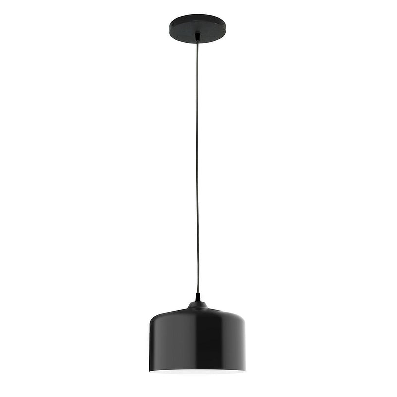 Black pendant light with cylindrical shade and round ceiling canopy