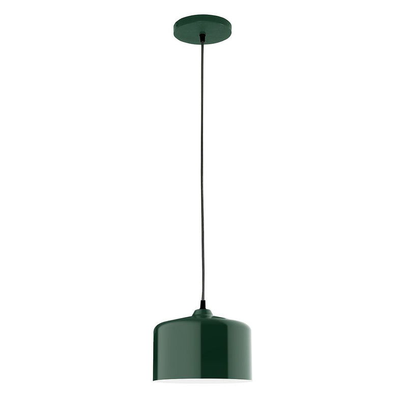 Forest green pendant light with cylindrical shade and straight hanging cord