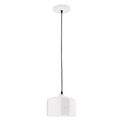 White pendant light with bell-shaped shade and dark cord and ceiling canopy