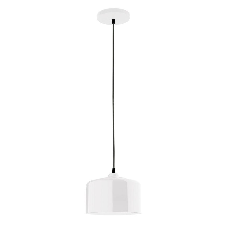White pendant light with bell-shaped shade and dark cord and ceiling canopy