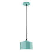 Sea green pendant light with domed shade and black cord stem