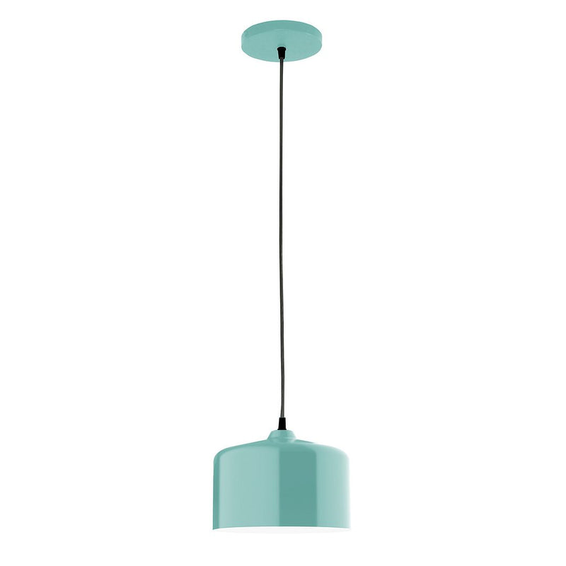 Sea green LED pendant light with cylindrical shade and round canopy