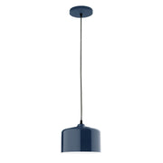 Navy LED pendant light with cylindrical shade and ceiling canopy