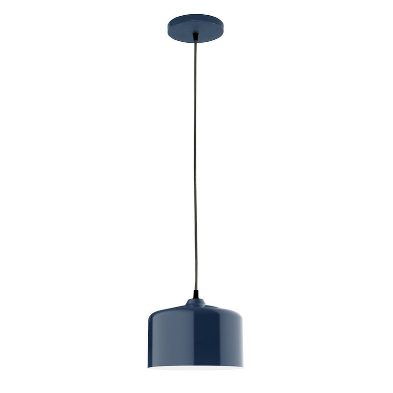 Navy LED pendant light with round canopy and cylindrical drum shade
