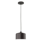 Architectural bronze pendant light with cylindrical shade and black cord, 8.5 in