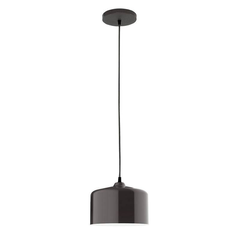 Architectural bronze pendant light with cylindrical shade and black cord, 8.5 in
