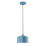 Light blue LED pendant with cylindrical shade and ceiling canopy