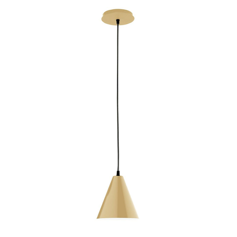 Ivory 8 in conical pendant with black cord and round gold canopy