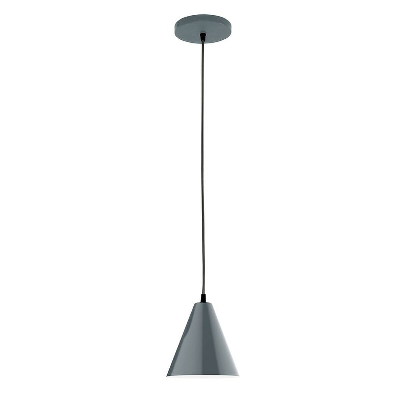 Slate gray LED pendant with round ceiling canopy and tapered conical shade