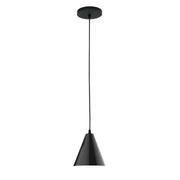 Black LED pendant light with round canopy and tapered cone shade