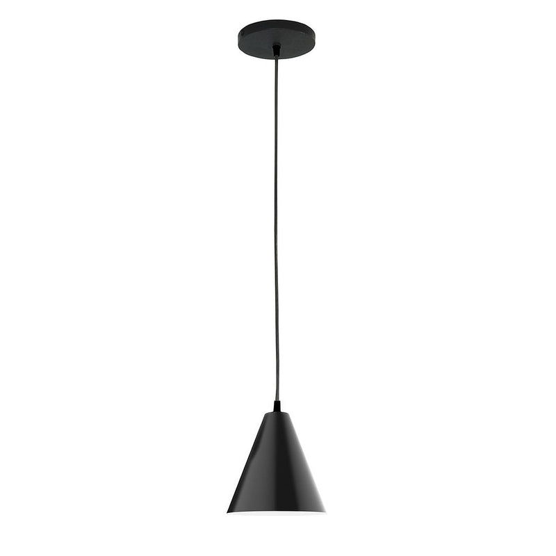 Black LED pendant light with round canopy and tapered bell shade, 8 in