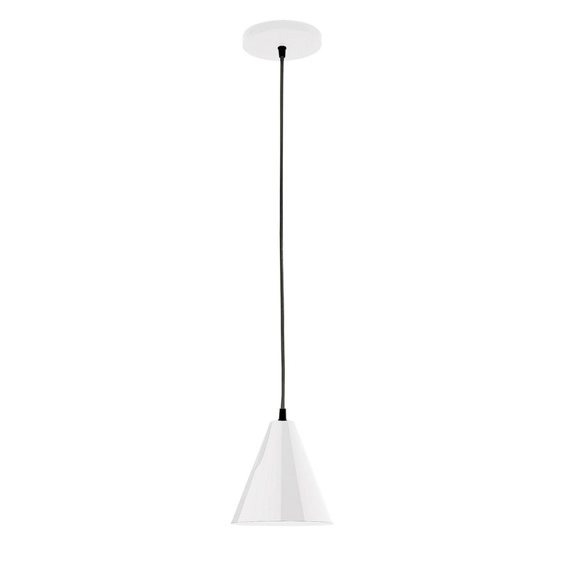 White 8-inch pendant light with braided cord and tapered fabric shade