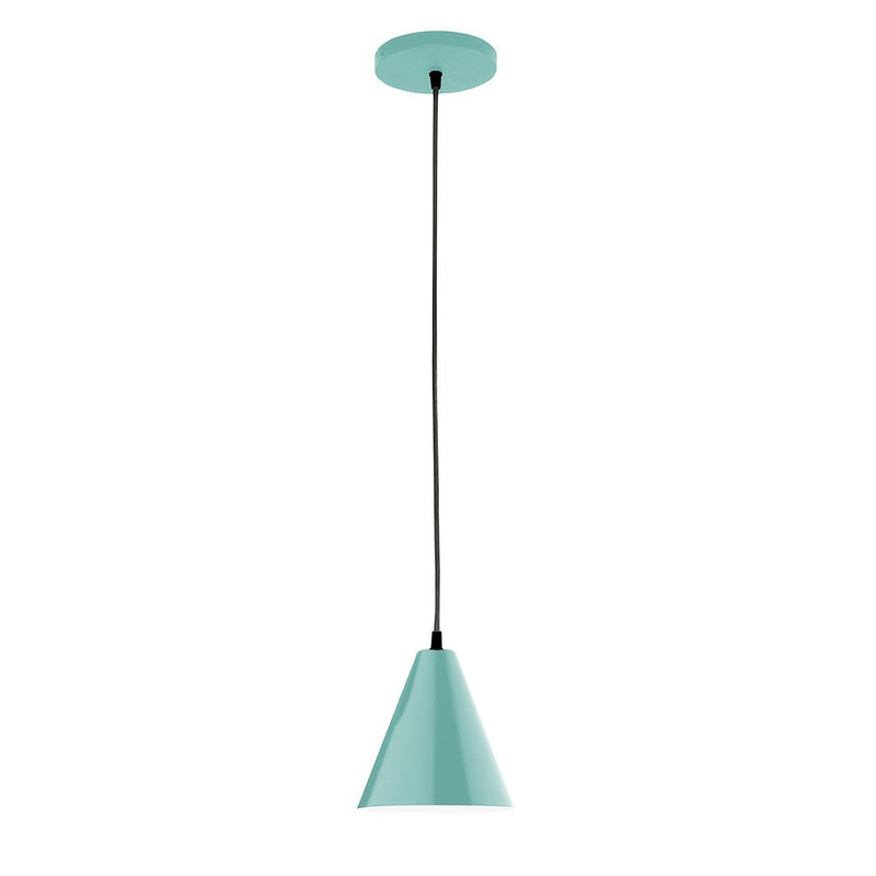 Sea green LED pendant light with tapered shade, round ceiling canopy, and black cord.