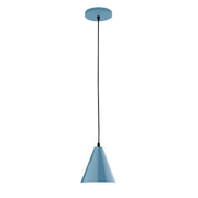 Light blue LED pendant shade with round ceiling canopy and hanging stem