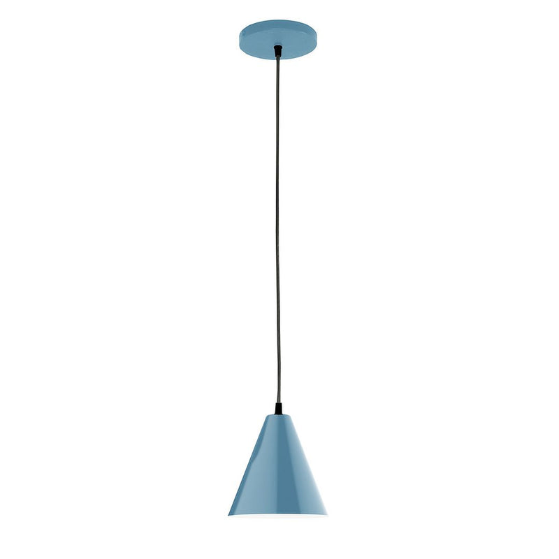 Light blue LED pendant shade with round ceiling canopy and hanging stem