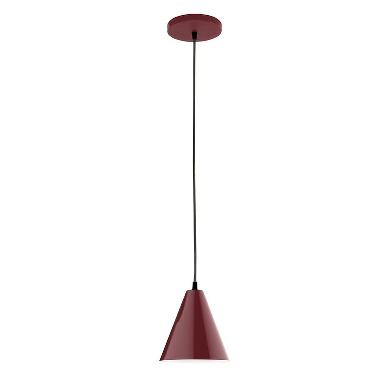 Barn red LED pendant with tapered shade and round ceiling canopy