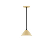 Ivory 8-inch pendant lamp with black cord and round ceiling canopy, fabric shade