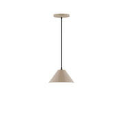 Clay LED pendant light with tapered bell shade and black cord, round ceiling canopy