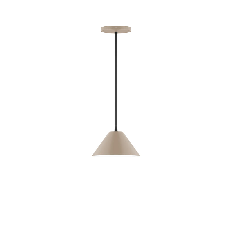 Clay LED pendant light with tapered bell shade and black cord, round ceiling canopy