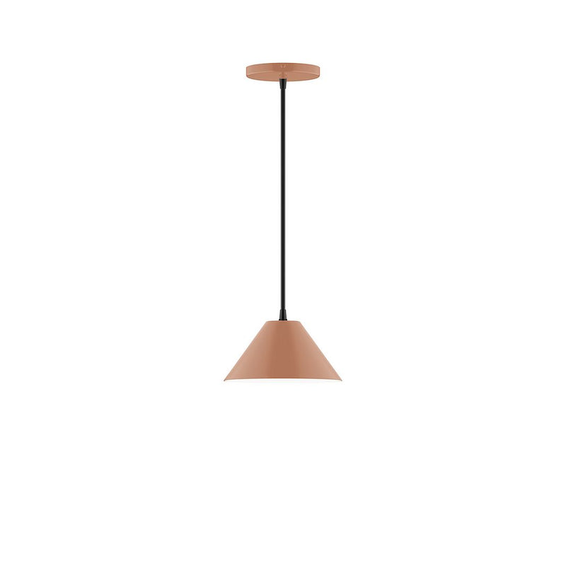 Terracotta LED pendant with tapered fabric shade, dark cord, and round ceiling mount