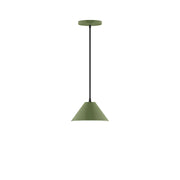 LED pendant light with fern green bell shade and straight black cord